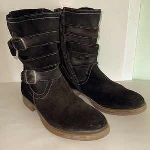 Roan 7.5 Black Suede Distressed Zipper Boots Strappy Design